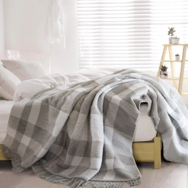 Koc bawełniany krata - szary - 150 x 200