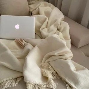 Koc bawełniany - kremowy - 150 x 200